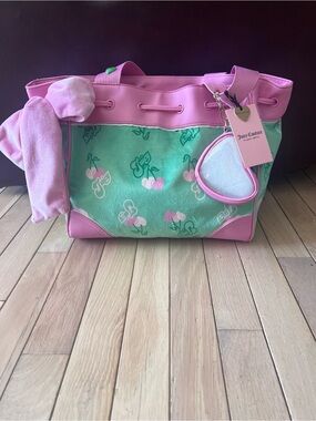 Juicy Couture Pink and Mint Cherry Logo Tote with Heart Charm